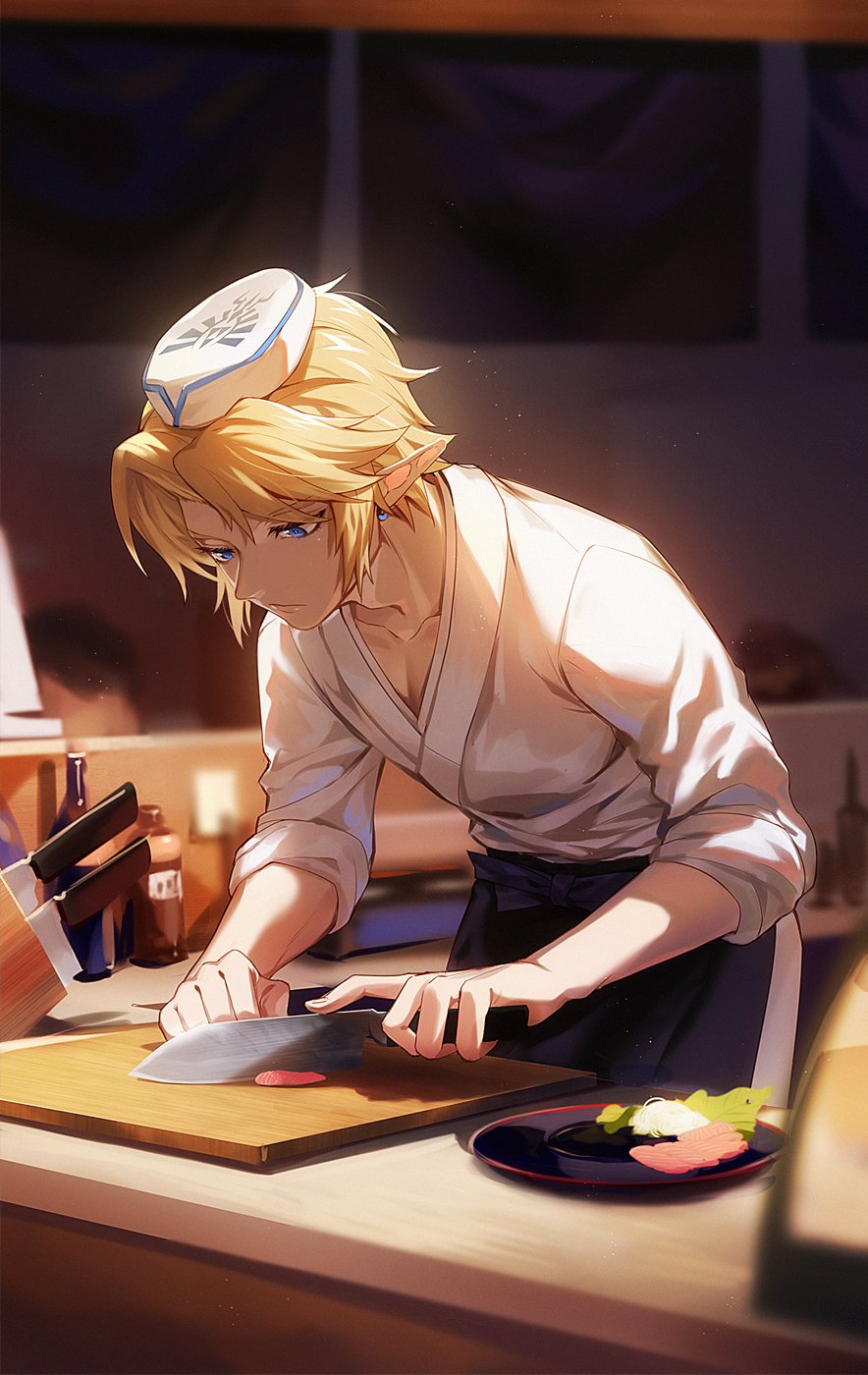 1boy, blonde_hair, blue_eyes, cooking, cutting, cutting_board, earrings, food