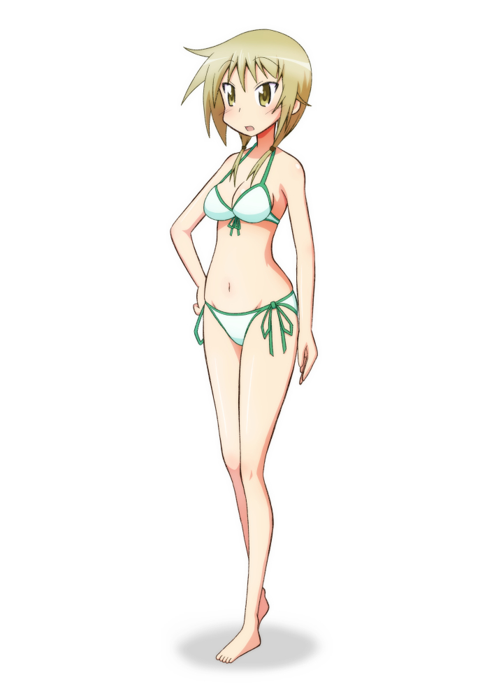 1girl, bangs, barefoot, bikini, blonde_hair, blush, breasts, eyebrows_visible_through_hair