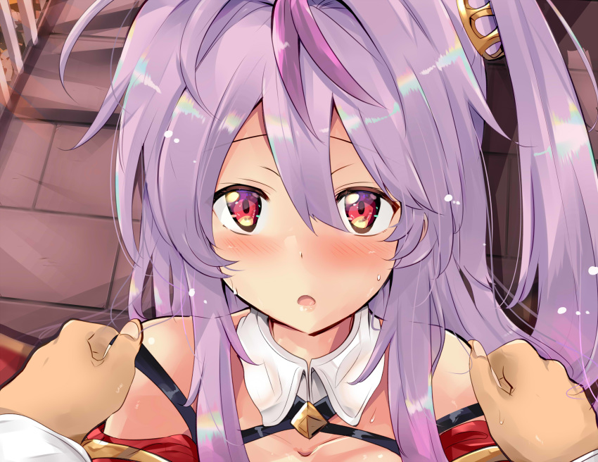 1girl, azur_lane, bangs, blush, collar, collarbone, commentary_request, eyebrows_visible_through_hair, grenville_(azur_lane), hair_between_eyes, hand_on_another's_shoulder, highres, long_hair, looking_at_viewer, multicolored_hair, one_side_up, open_mouth, outdoors, pov, pov_hands, purple_hair, red_eyes, shiny, shiny_hair, sidelocks, solo, sweatdrop, tonchinkan, two-tone_hair, white_collar