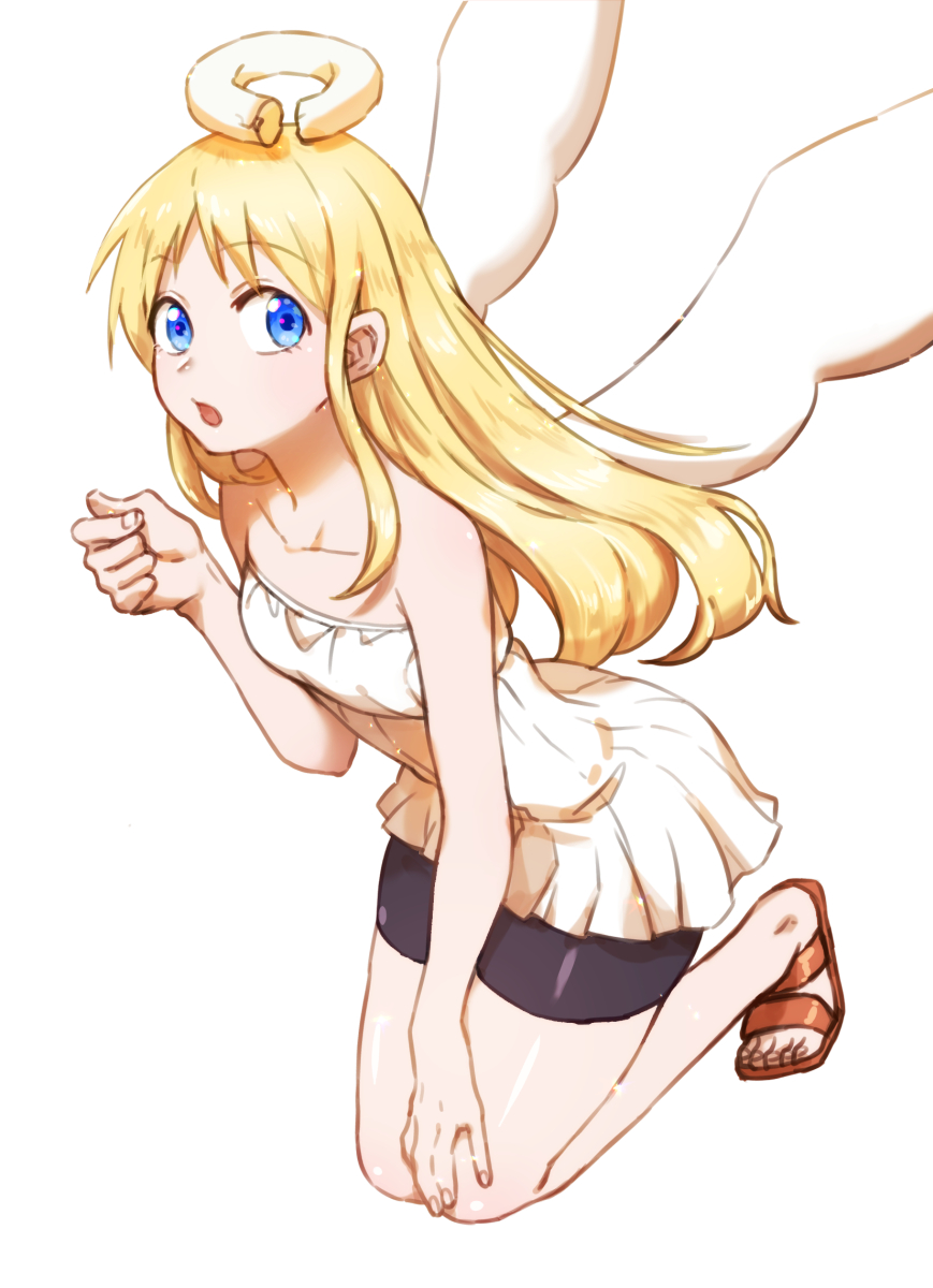 1other, aesice, angel, angel_wings, bare_shoulders, bike_shorts, black_shorts, blonde_hair