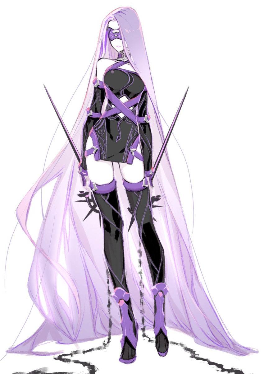 adapted_costume, blindfold, boots, chain, dual_wielding, elbow_gloves, fate/grand_order, fate/stay_night
