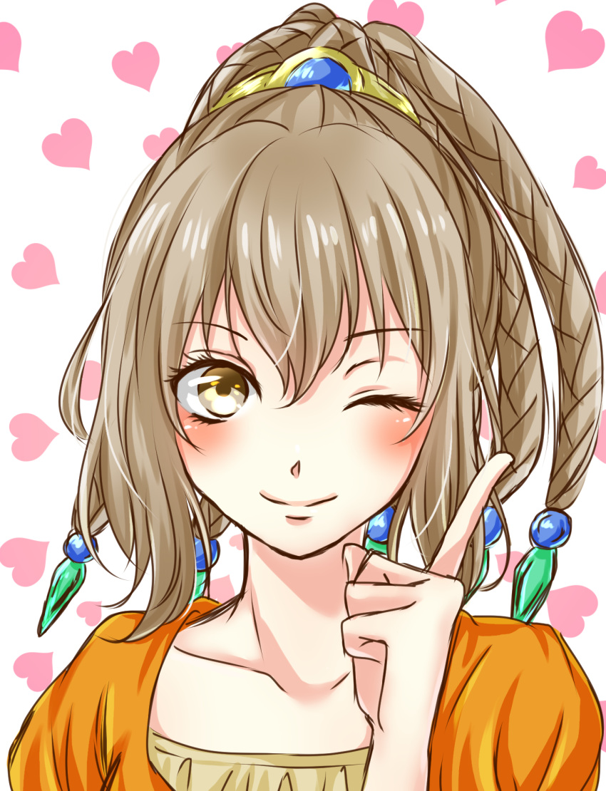 1girl, ;), bangs, blush, braided_ponytail, fata_morgana_no_yakata, heart, heart_background