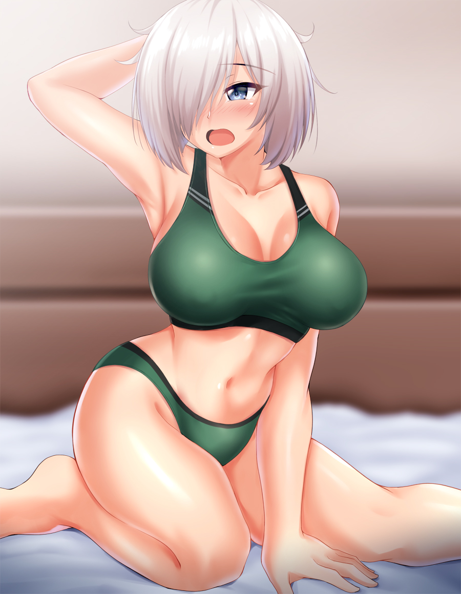 1girl, alternate_costume, armpits, blue_eyes, blush, breasts, green_sports_bra, hair_ornament