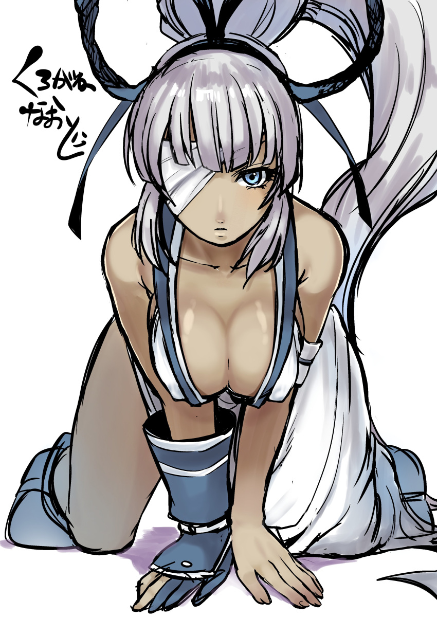 1girl, absurdres, all_fours, blue_eyes, breasts, eyepatch, highres, kurogane_naoto_(churushiko)