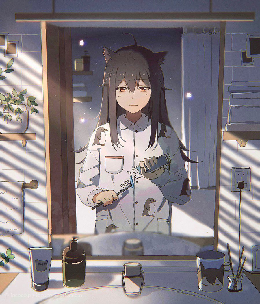1girl, ahoge, animal_ears, animal_print, arknights, bathroom, bird, black_hair