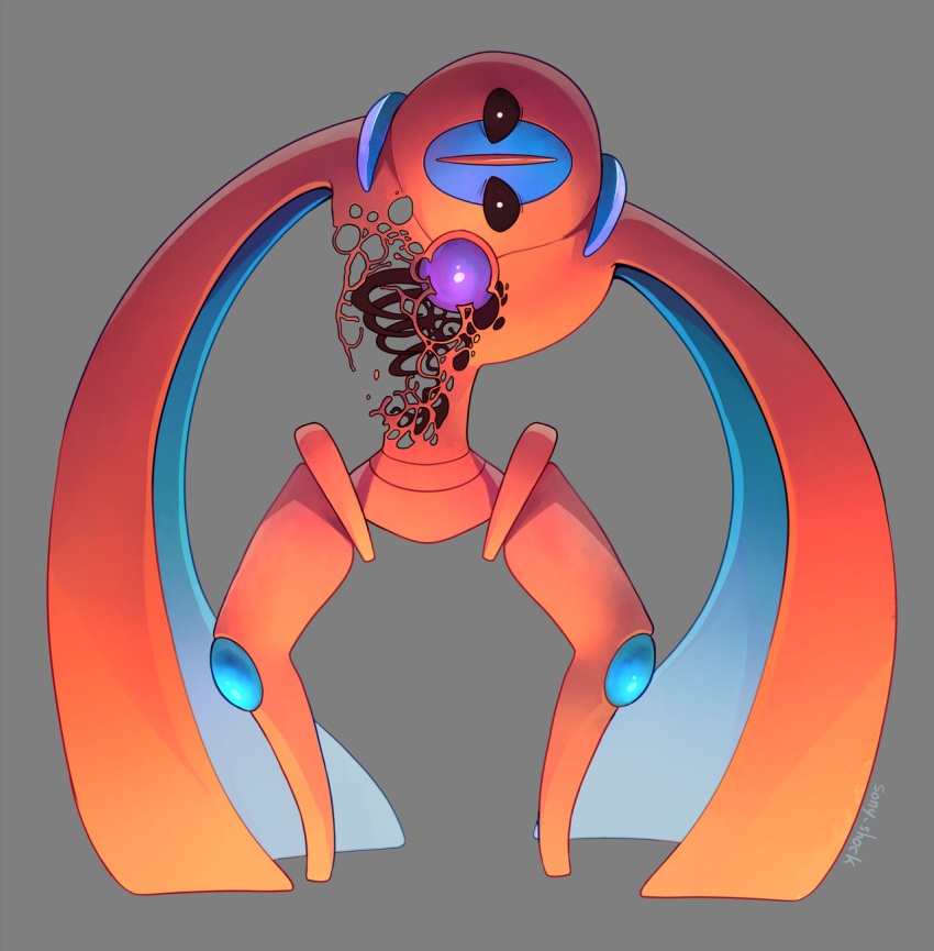 black_eyes, commentary, creature, deoxys, deoxys_(defense), english_commentary, full_body, gen_3_pokemon, grey_background, highres, legs_apart, looking_at_viewer, no_humans, pokemon, pokemon_(creature), recover_(pokemon), simple_background, solo, sony-shock, standing, trypophobia
