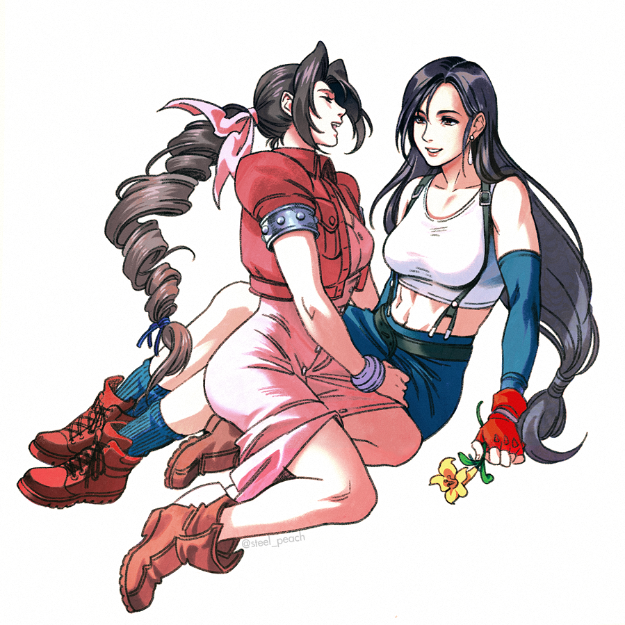 2girls, aerith_gainsborough, agnieszka_grochalska, belt, black_hair, boots, breasts, brown_eyes