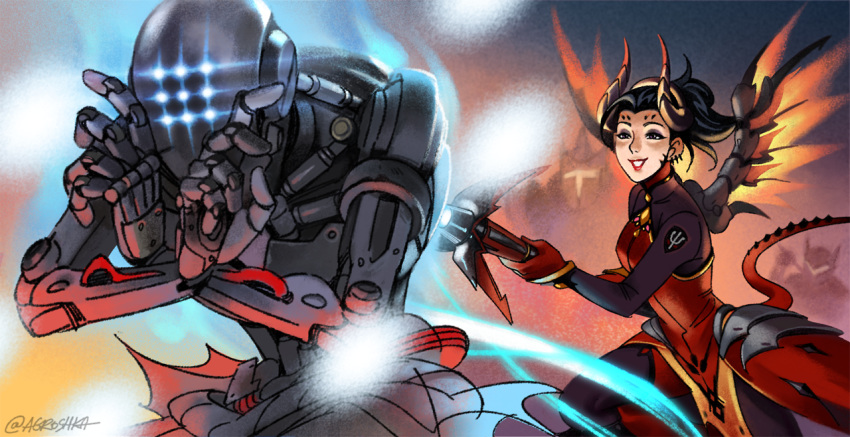 1girl, 3boys, agnieszka_grochalska, alternate_costume, aura, black_hair, commentary, demon_horns