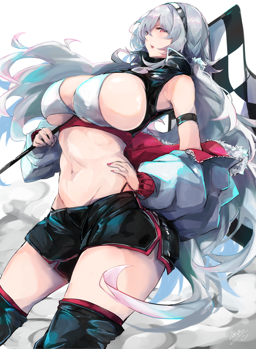 1girl, absurdres, alternate_costume, azur_lane, bikini_top, breasts, covered_nipples, eyebrows_visible_through_hair