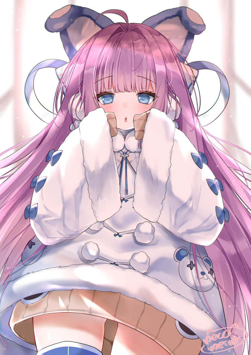 1girl, animal_ears, azur_lane, blue_eyes, blush, coat, dress, earmuffs