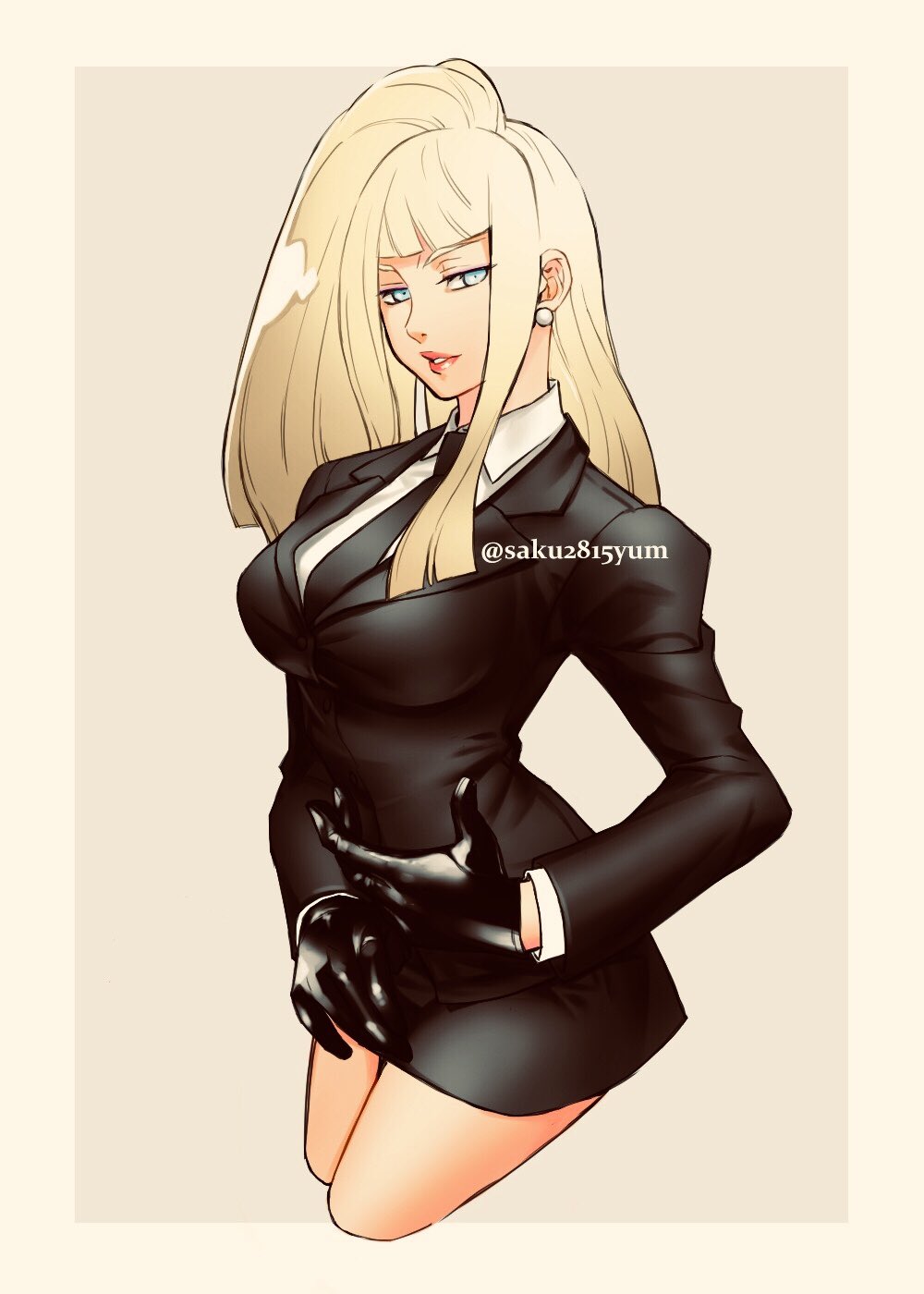 1girl, bangs, black_gloves, black_neckwear, black_skirt, blonde_hair, blue_eyes, blunt_bangs
