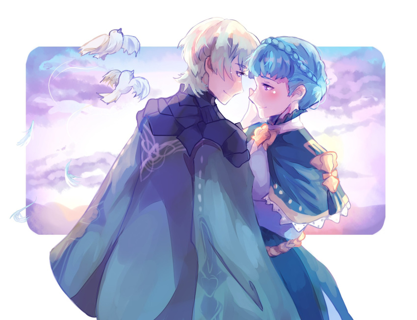 1boy, 1girl, animal, armor, bird, black_armor, blue_dress, blue_hair, blush, braid, byleth_(fire_emblem), byleth_eisner_(male), cape, capelet, closed_mouth, clouds, commentary, commission, crown_braid, dove, dress, english_commentary, epaulettes, eyebrows_visible_through_hair, fire_emblem, fire_emblem:_three_houses, hand_on_another's_face, highres, looking_at_another, marianne_von_edmund, phantasananas, purple_hair, short_hair, sky, smile, white_hair