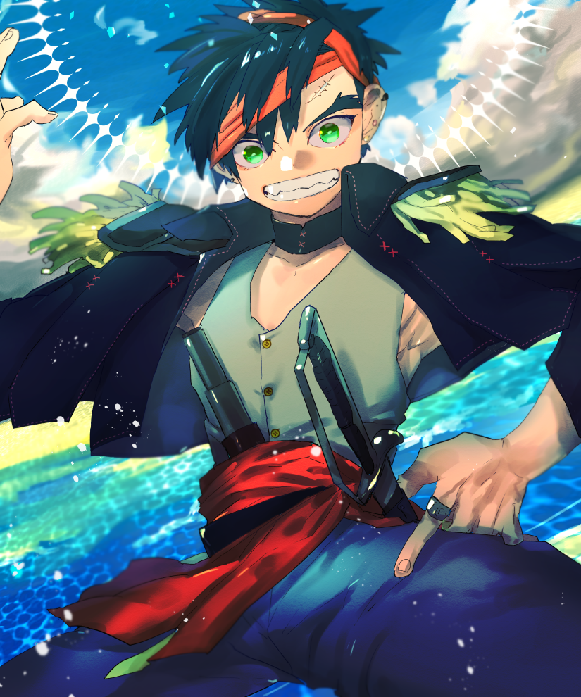 1boy, bahar_(pixiv_fantasia_age_of_starlight), black_hair, blue_pants, clouds, earrings, epaulettes, facial_scar, green_eyes, grin, hannba-gu, headband, jewelry, male_focus, pants, pixiv_fantasia, pixiv_fantasia_age_of_starlight, red_headband, ring, scar, smile, spyglass, stitches, sword, weapon