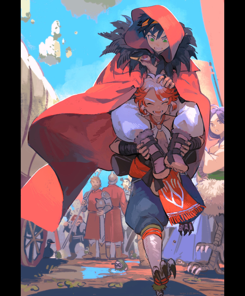 1girl, 6+boys, :o, akaneko_(redakanekocat), alternate_form, axe, bahar_(pixiv_fantasia_age_of_starlight), bird