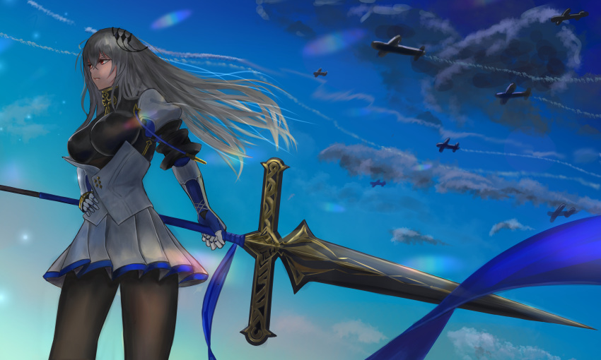 1girl, absurdres, azur_lane, blue_ribbon, breastplate, breasts, corset, gauntlets