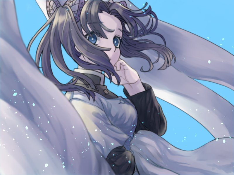 1girl, bangs, black_hair, black_shirt, blanket, blue_background, blue_eyes, breasts