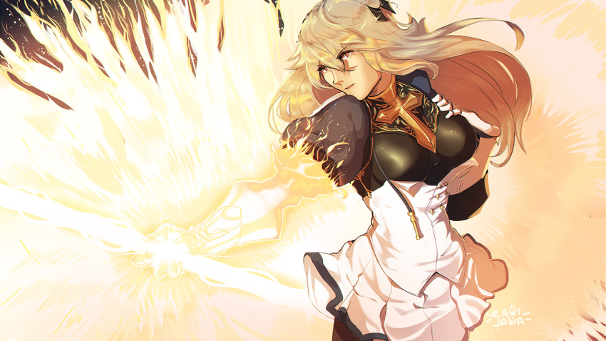 1girl, azur_lane, breastplate, breasts, corset, eyebrows_visible_through_hair, gauntlets, grey_hair