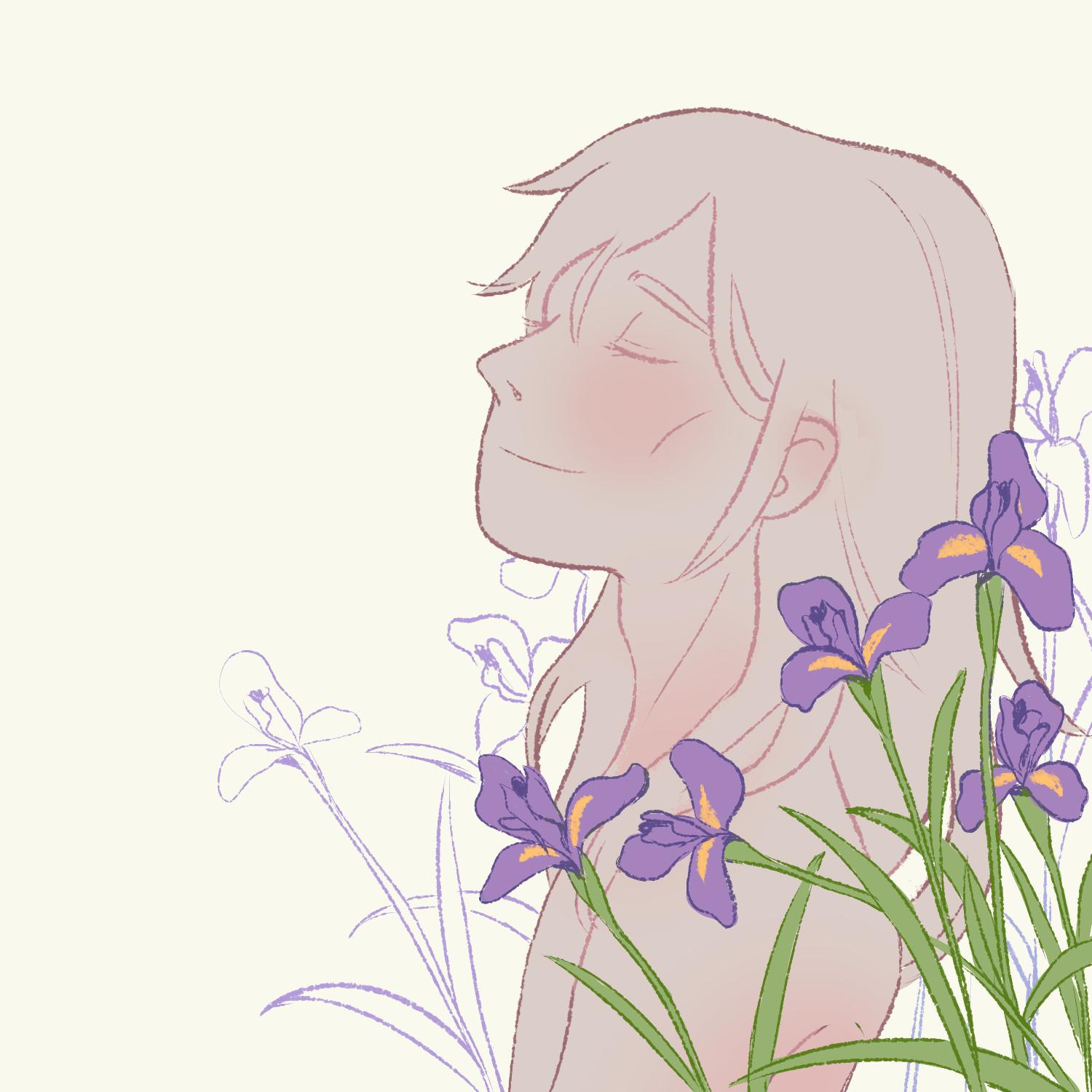 1boy, alphonse_elric, androgynous, arms_at_sides, blush, cheekbones, closed_mouth, commentary, ear_blush, english_commentary, eyelashes, flower, from_side, fullmetal_alchemist, green_theme, grey_background, hair_between_eyes, happy, head_back, highres, idledee, iris_(flower), leaf, light_smile, lineart, long_hair, male_focus, nude, profile, purple_flower, purple_theme, simple_background, skinny, spot_color, upper_body