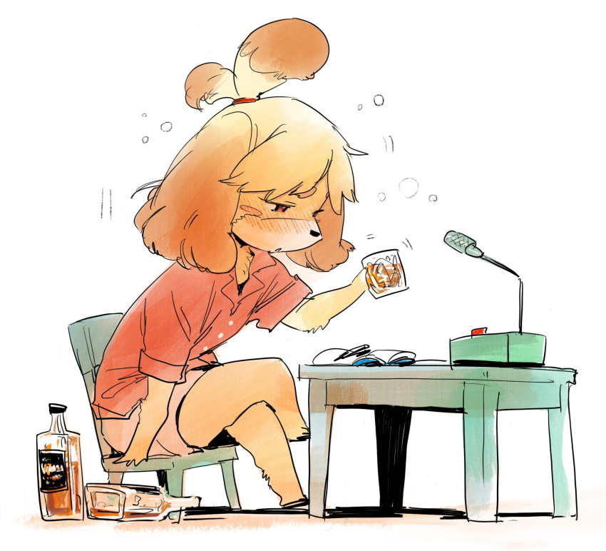 1girl, alcohol, animal_crossing, animal_crossing_new_horizons, animal_ears, atsumare:_doubutsu_no_mori, blonde_hair, blush