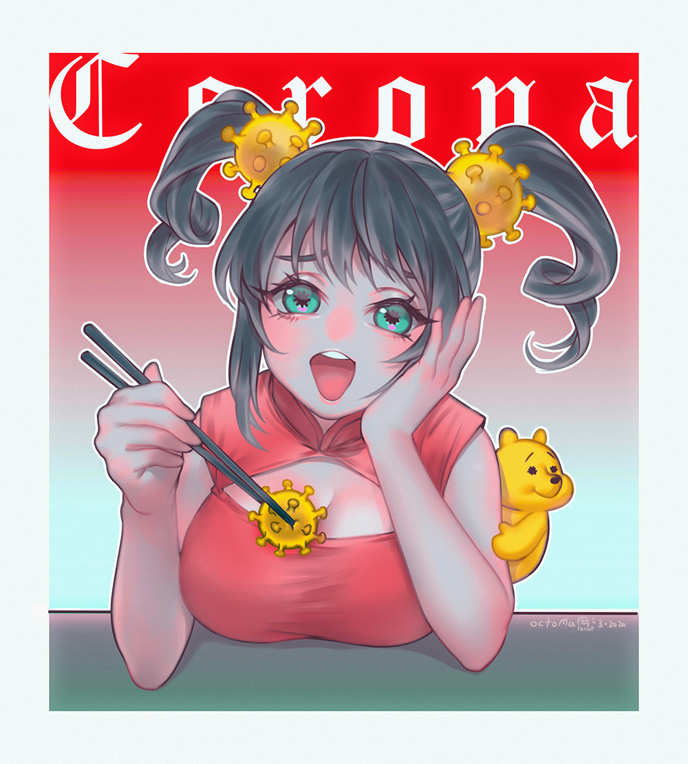 1girl, :d, black_hair, border, breasts, character_name, china_dress, chinese_clothes, chopsticks, cleavage_cutout, corona-chan, coronavirus, dated, dress, gradient, gradient_background, green_eyes, grey_skin, hair_ornament, large_breasts, looking_at_viewer, octoma, open_mouth, original, pooh, red_dress, red_skin, round_teeth, satire, signature, smile, solo, symbol-shaped_pupils, teeth, twintails, upper_body, upper_teeth, white_border, winnie_the_pooh