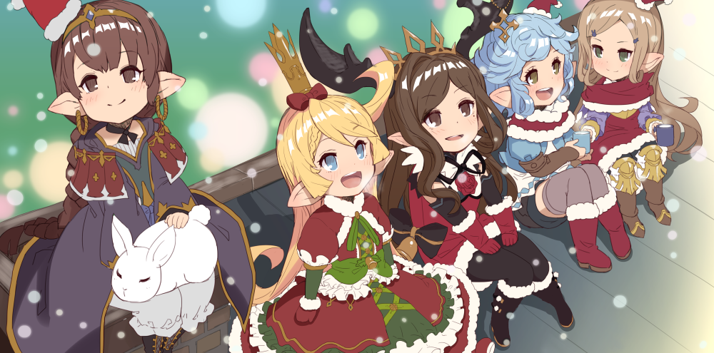 5girls, :d, animal, antlers, arulumaya, bangs, black_footwear, black_legwear