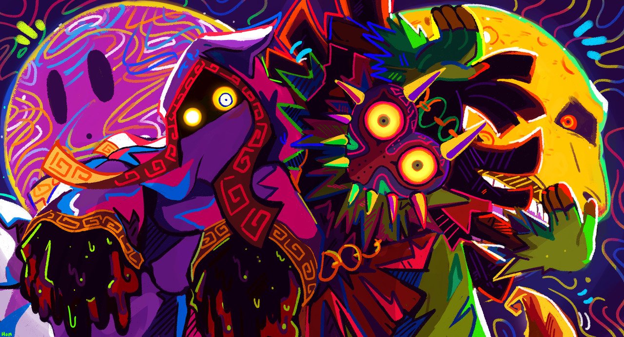 crossover, glowing, glowing_eyes, homriette, hood, hyness, kirby:_star_allies, kirby_(series), looking_at_viewer, mask, moon_(majora's_mask), pose, skull_kid, the_legend_of_zelda, the_legend_of_zelda:_majora's_mask, void_soul, wide-eyed, yellow_sclera