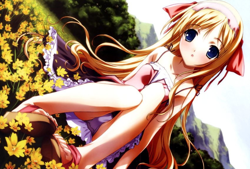 baldr_bullet_revellion, blonde_hair, blue_eyes, blush, dress, flower, highres, long_hair