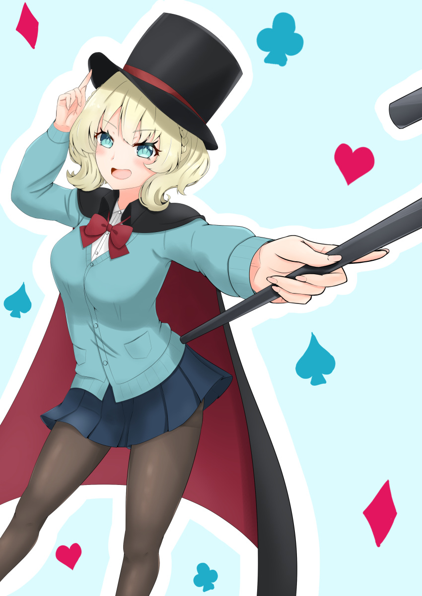 1girl, absurdres, alternate_costume, black_cape, blonde_hair, blue_background, blue_cardigan, blue_eyes, blue_skirt, border, breasts, cape, club_(shape), colorado_(kantai_collection), commentary_request, cosplay, diamond_(symbol), feet_out_of_frame, hat, heart, highres, himenagi_yuuki, holding_cane, kantai_collection, large_breasts, magician, multicolored, multicolored_cape, multicolored_clothes, necktie, pantyhose, parody, pleated_skirt, red_neckwear, shirt, short_hair, side_braids, skirt, spade_(shape), tejina_senpai, tejina_senpai_(character)_(cosplay), top_hat, white_border, white_shirt