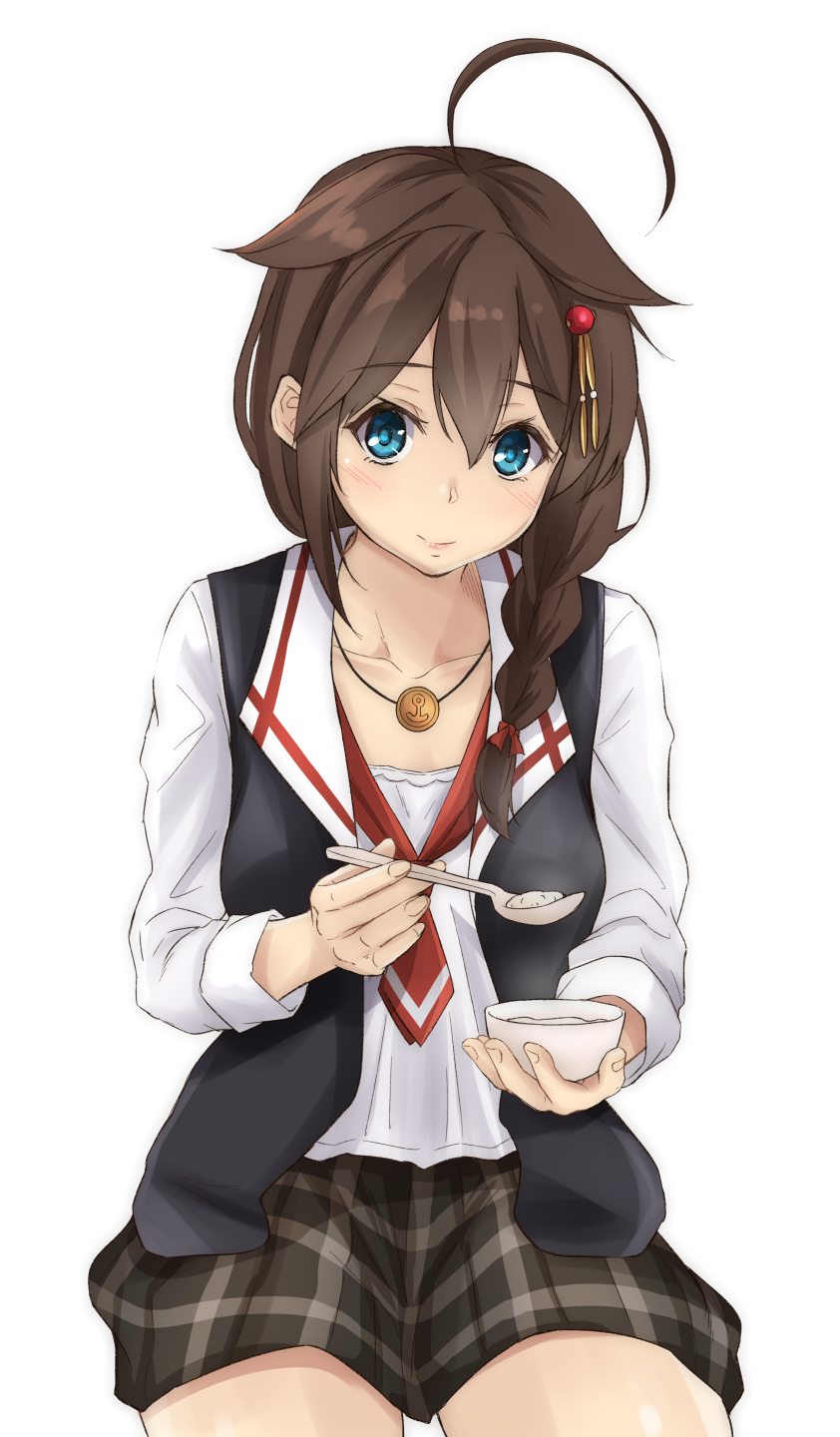 1girl, ahoge, alternate_costume, black_skirt, black_vest, blue_eyes, bowl, braid
