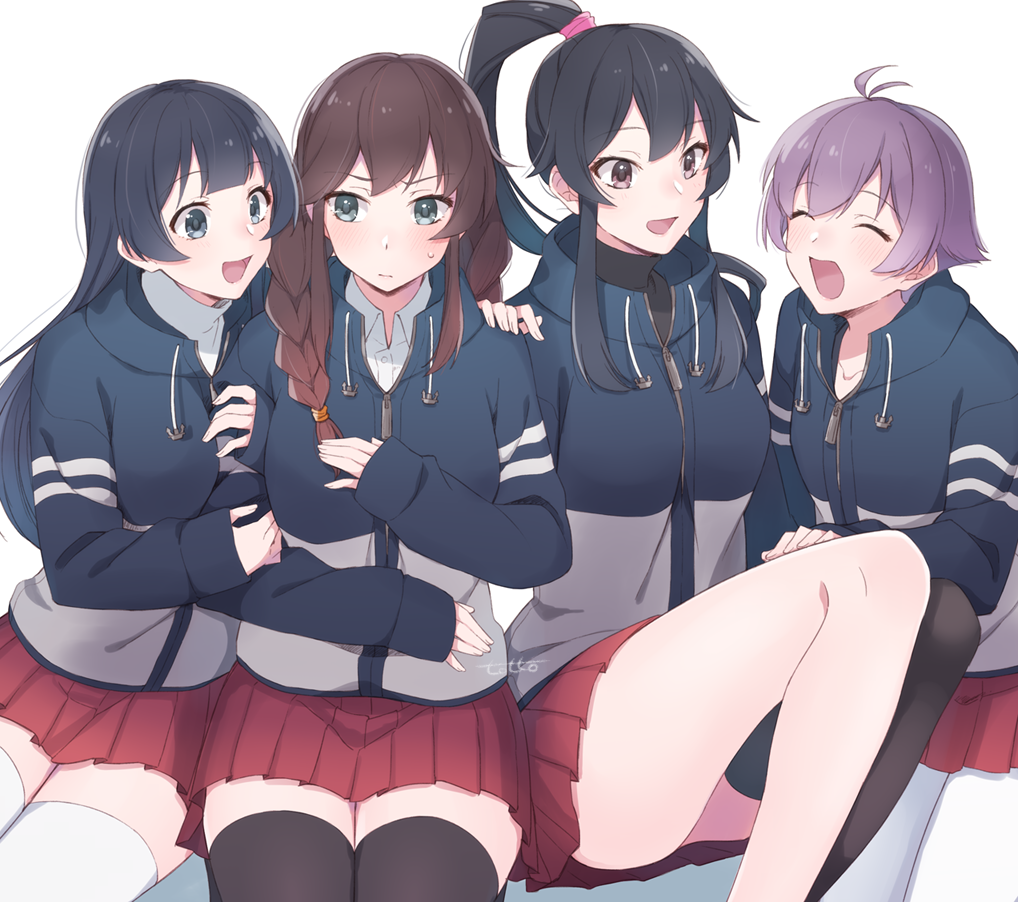 4girls, :d, ^_^, ^o^, agano_(kantai_collection), antenna_hair, black_hair, black_legwear