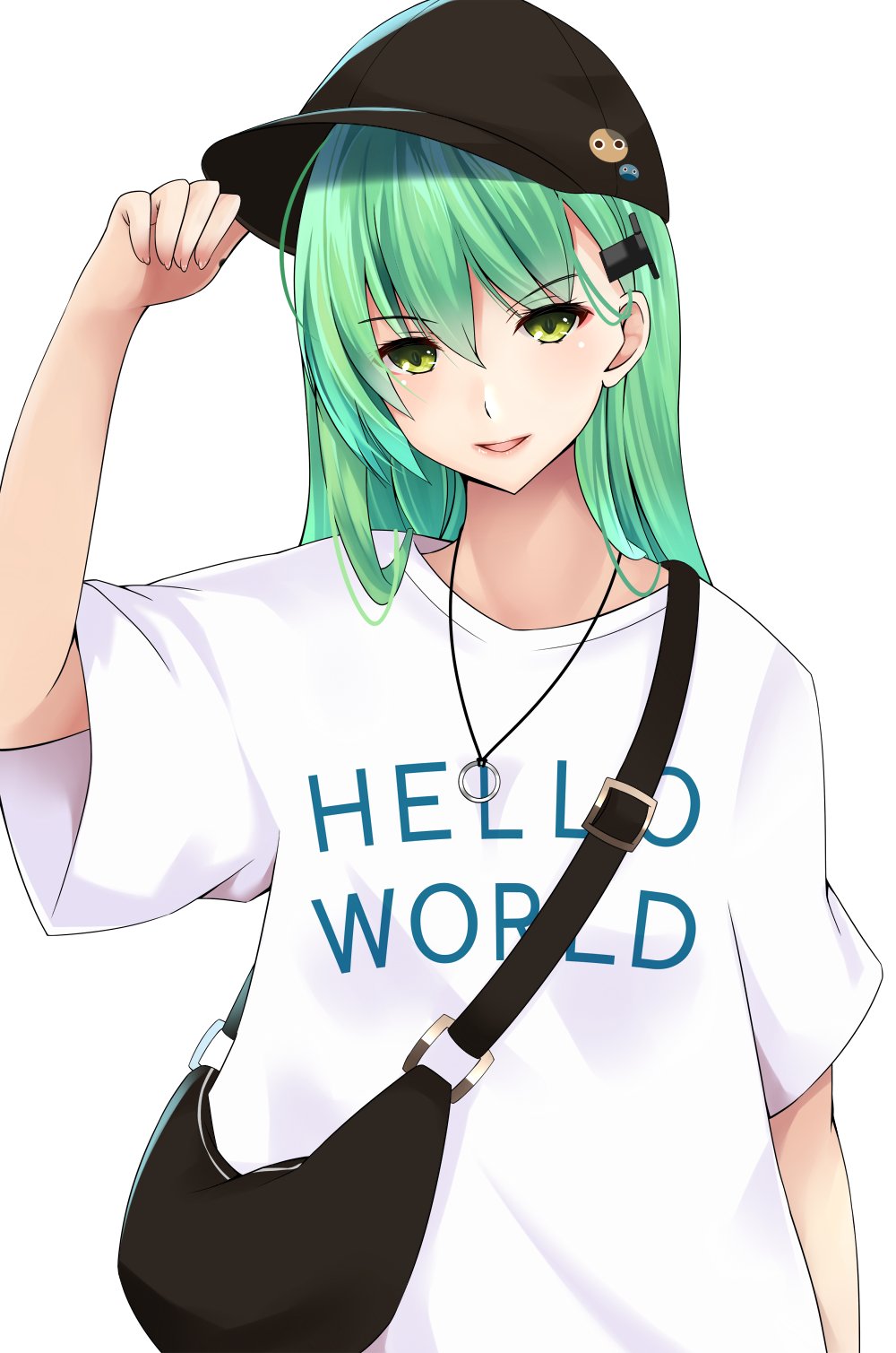 1girl, alternate_costume, aqua_hair, black_bag, black_headwear, casual, chartreuse_green_eyes, clothes_writing, english_text, green_eyes, hair_ornament, hairclip, hat, highres, jewelry, kantai_collection, long_hair, looking_at_viewer, necklace, shirt, short_sleeves, simple_background, solo, spring_green_hair, suzuya_(kantai_collection), t-shirt, ton_ton_tontoro, white_background, white_shirt, white_t-shirt