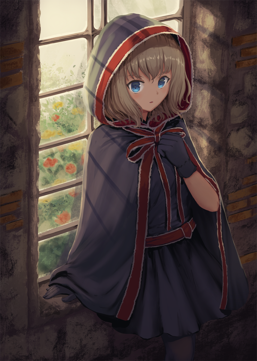 1girl, adapted_costume, alice_margatroid, bangs, black_legwear, blonde_hair, blue_eyes, cape