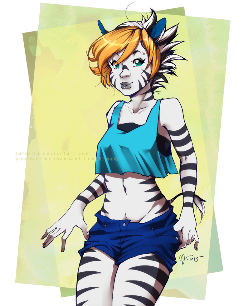 1girl, animal_ears, animal_print, artist_name, black_hair, blonde_hair, doubutsu_no_mori, green_eyes, humanization, midriff, multicolored_hair, nail_polish, navel, sabanna_(doubutsu_no_mori), sardiini, solo, teeth, transparent_background, two-tone_hair, watermark, web_address, white_hair, zebra_ears, zebra_print