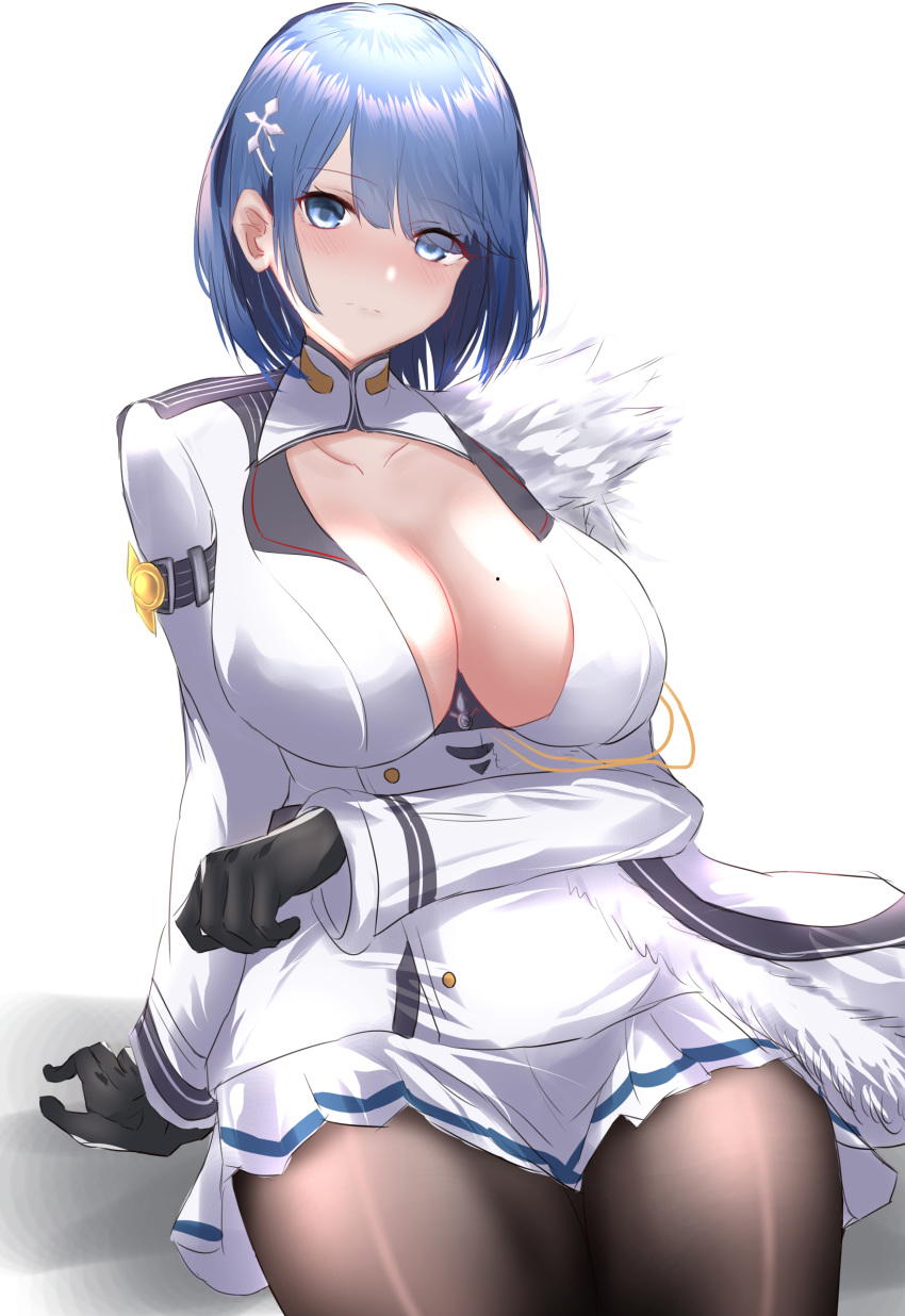 1girl, absurdres, arm_support, azur_lane, blue_eyes, blue_hair, blush, breast_cutout