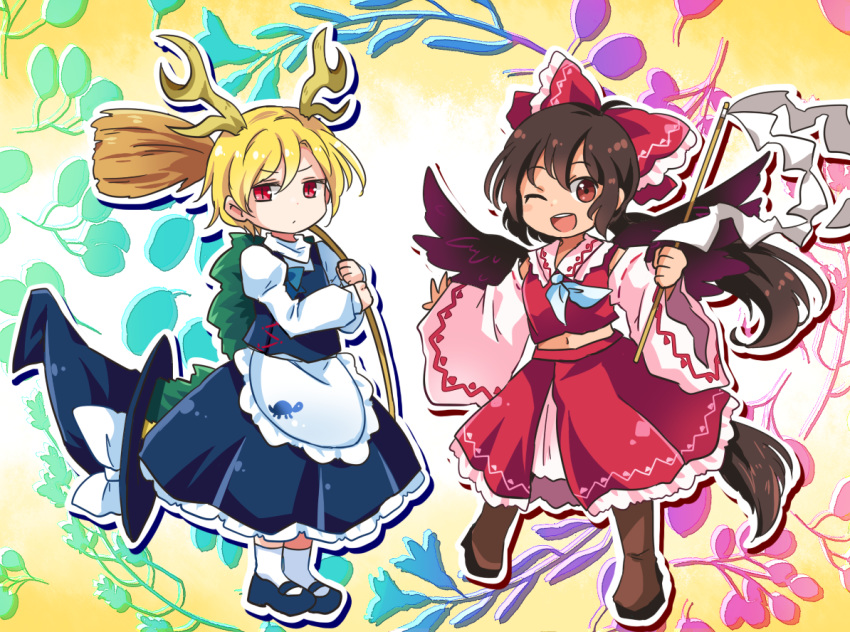 :d, arms_up, ascot, black_footwear, black_skirt, black_vest, blonde_hair, blue_neckwear