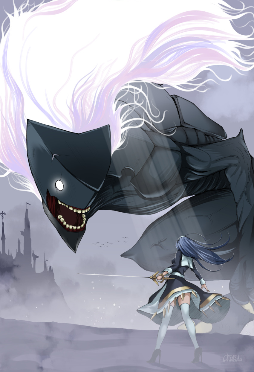 1girl, 1other, ahoge, armor, armored_dress, black_dress, black_footwear, blue_hair