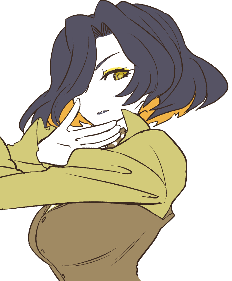 1girl, black_hair, black_lipstick, blue_hair, breasts, brown_jacket, buttons, closed_mouth