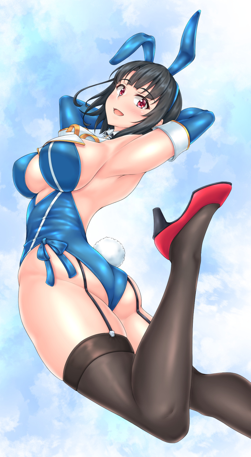 1girl, adapted_costume, animal_ears, black_hair, black_legwear, blue_background, blue_gloves, blue_leotard