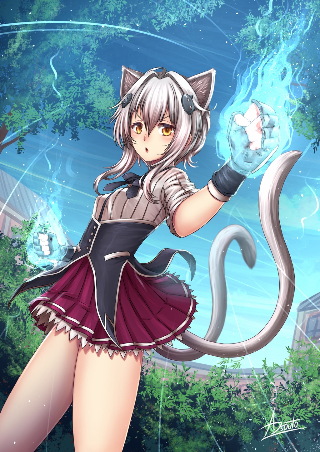 1girl, adsouto, animal_ears, blue_sky, blush, breasts, cat_ears, cat_hair_ornament