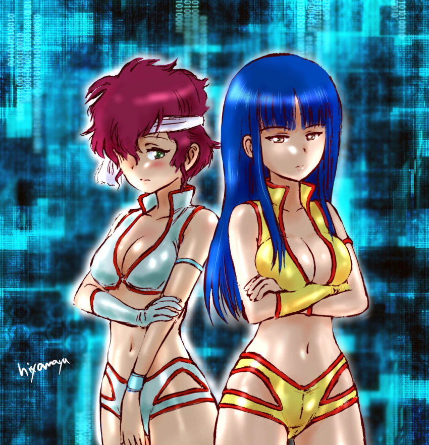 2girls, akiyama_yoshiko, blue_hair, breasts, cosplay, crossed_arms, dirty_pair, girls_und_panzer