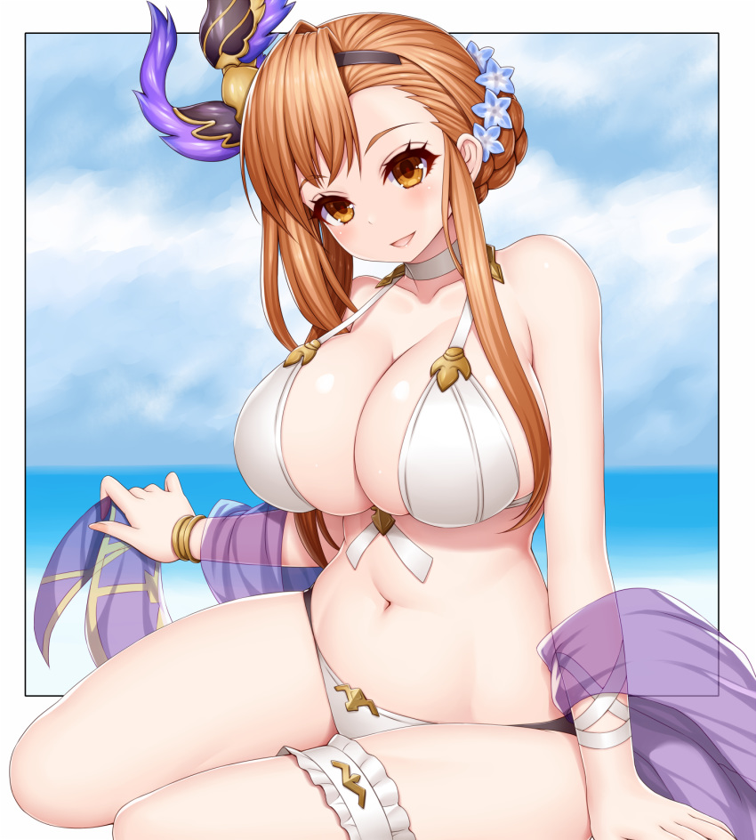 1girl, :d, arm_support, asamura_hiori, asymmetrical_bangs, bangs, bare_shoulders, bikini