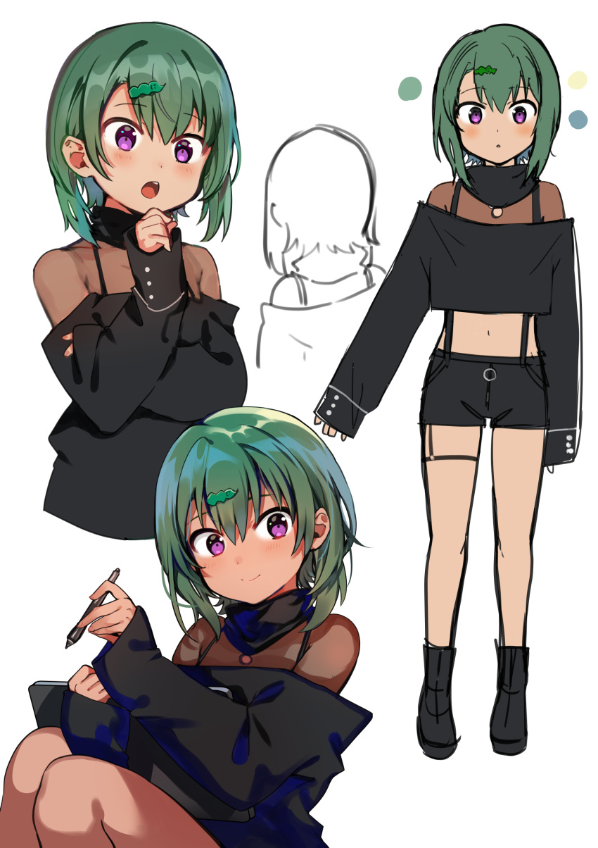 1girl, absurdres, blush, closed_mouth, crop_top, dark_skin, eyebrows_visible_through_hair, green_hair