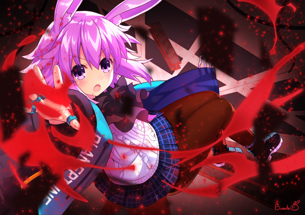 1girl, amiya_(arknights), amiya_(arknights)_(cosplay), animal_ears, arknights, artist_name, ascot, bangs, binato_lulu, black_jacket, checkered, checkered_skirt, commentary_request, cosplay, dutch_angle, eyebrows_visible_through_hair, frilled_ascot, frills, hair_between_eyes, jacket, looking_at_viewer, multiple_rings, neptune_(neptune_series), neptune_(series), open_clothes, open_jacket, open_mouth, outstretched_arm, pantyhose, plaid, plaid_skirt, pose, purple_hair, rabbit_ears, shirt, shoes, short_hair, sidelocks, skirt, solo, thumb_ring, v-shaped_eyebrows, violet_eyes, white_shirt
