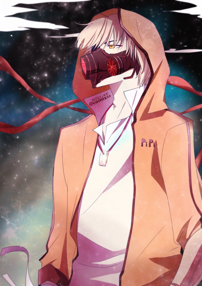 1boy, blonde_hair, food_fantasy, hood, hood_up, hoodie, kimura_shiki, mask, orange_eyes, salt_'n_pepper_shrimp_(food_fantasy), short_hair, solo