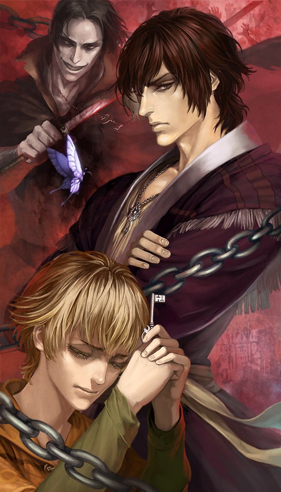 3boys, aida_yukimasa, bangs, blonde_hair, blood, bloody_weapon, blue_butterfly, brown_eyes, brown_hair, chain, closed_eyes, crossed_arms, fata_morgana_no_yakata, fingernails, grin, jacopo_bearzatti, jpeg_artifacts, katana, key, key_necklace, looking_at_viewer, male_focus, mell_rhodes, moyatarou, multiple_boys, official_art, parted_bangs, smile, spoilers, sword, tan, wavy_hair, weapon