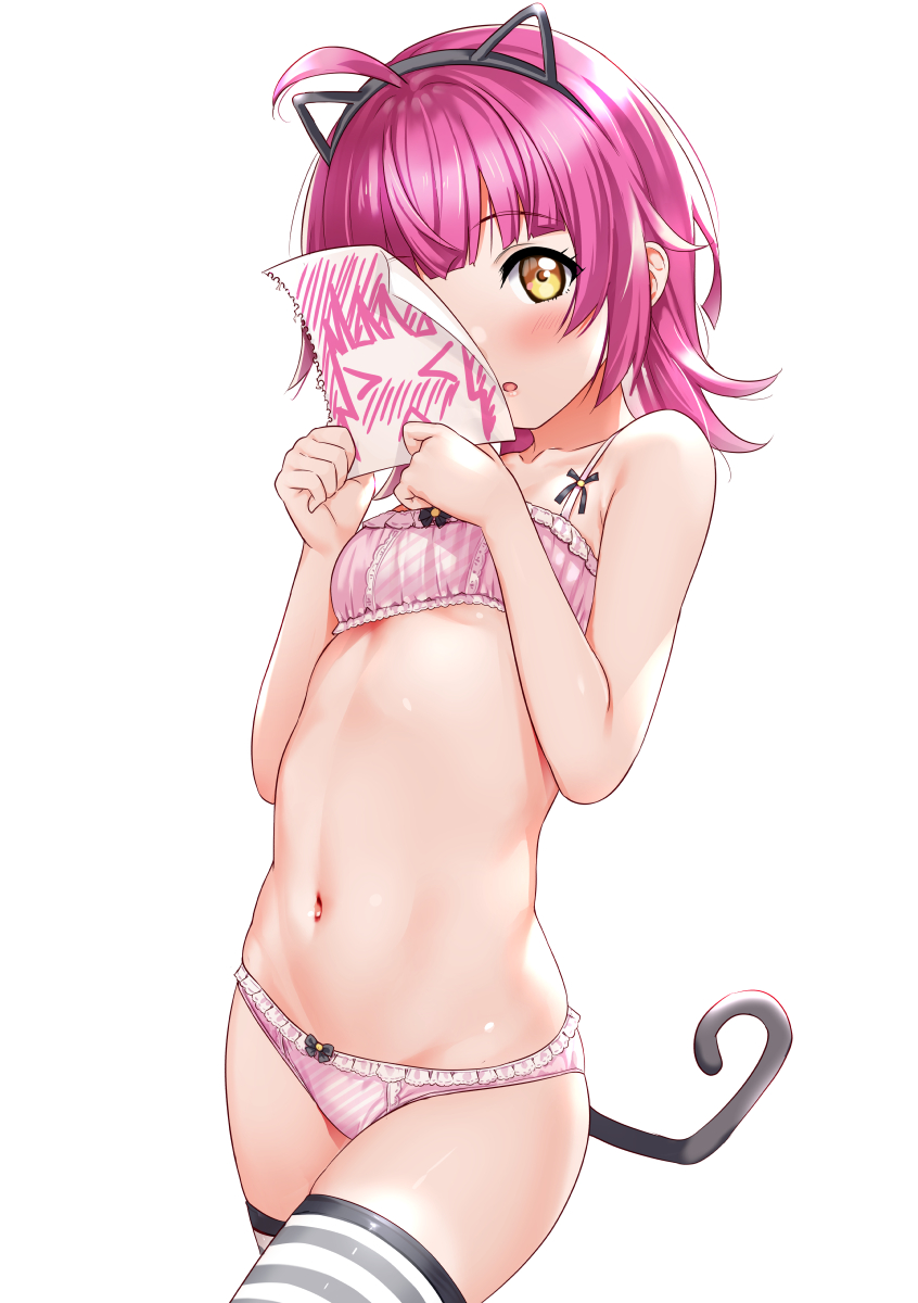 >_<, 1girl, :<, :o, =o, animal_ears, antenna_hair, bangs, bare_arms, black_bow, blunt_bangs, blush, bow, bow_bra, bow_panties, bra, breasts, cat_ears, cat_tail, collarbone, commentary_request, eyebrows_visible_through_hair, frill_trim, hairband, highres, holding, holding_paper, looking_at_viewer, love_live!, love_live!_school_idol_festival_all_stars, medium_hair, midriff, navel, open_mouth, panties, paper, pink_bra, pink_hair, pink_panties, rozen5, simple_background, small_breasts, solo, striped, striped_legwear, tail, tennouji_rina, thigh-highs, under_boob, underwear, white_background, yellow_eyes