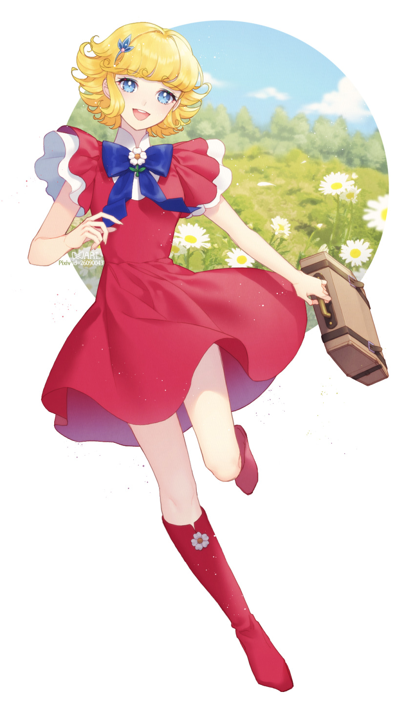 1girl, :d, bangs, blonde_hair, blue_bow, blue_eyes, boots, bow, collar, dress, flower_brooch, full_body, hair_ornament, hairpin, hana_no_ko_lunlun, highres, lunlun, multicolored_eyelashes, open_mouth, red_dress, red_footwear, ribbonari, short_dress, short_hair, short_sleeves, smile, solo, suitcase