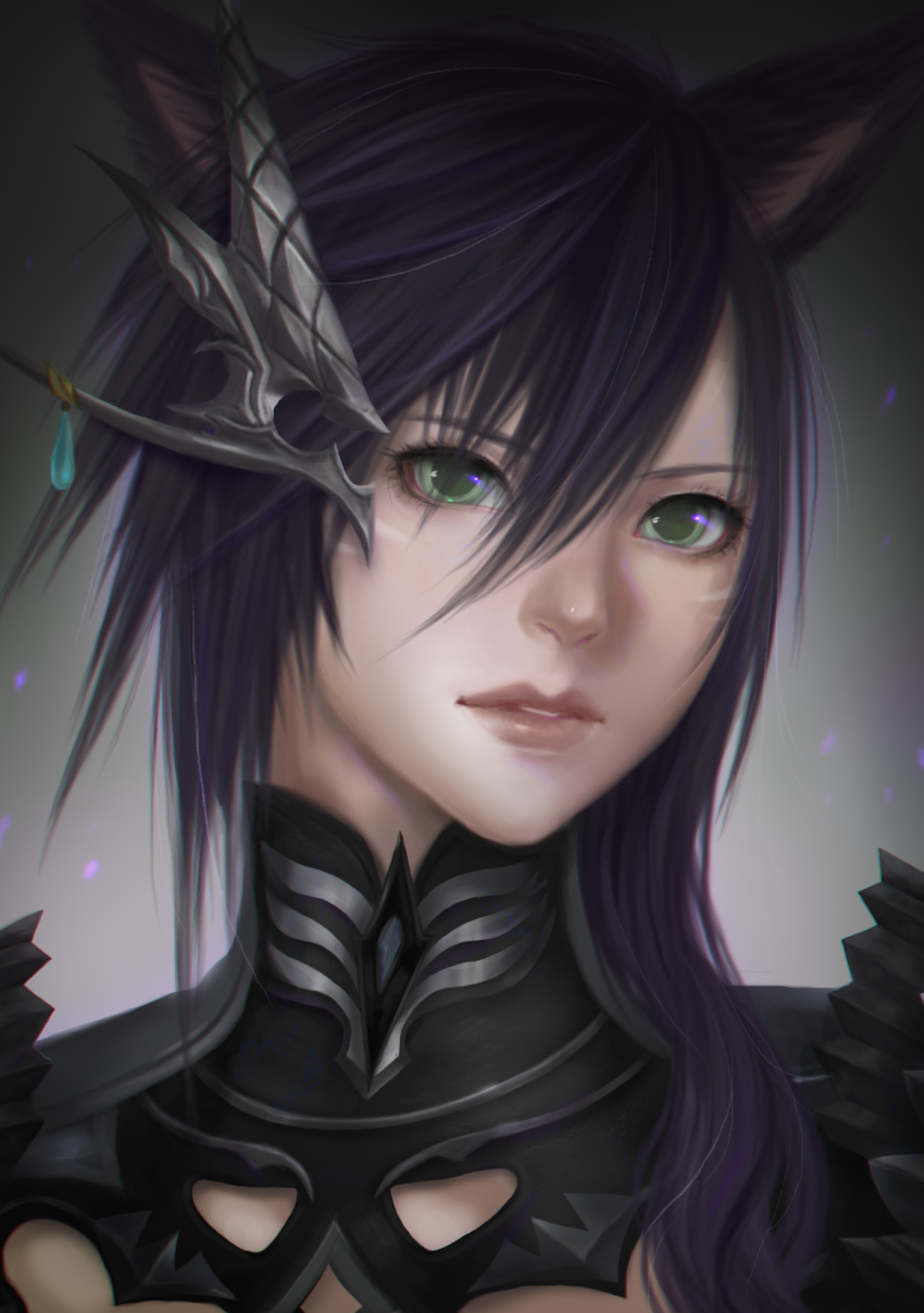 1girl, animal_ears, armor, bangs, cat_ears, close-up, commission, face