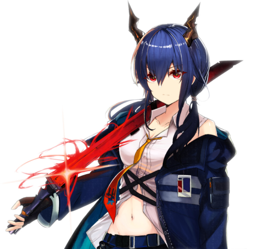 1girl, arknights, bangs, bare_shoulders, black_gloves, blue_hair, blue_jacket, breasts