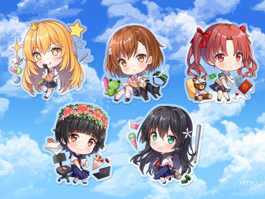 +_+, 5girls, :q, animal, animal_print, armband, bag, bandages